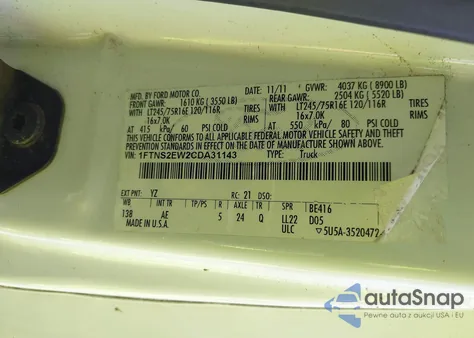 2012 Ford E-250 Commercial из США, поврежденный, VIN 1FTNS2EW2CDA31143